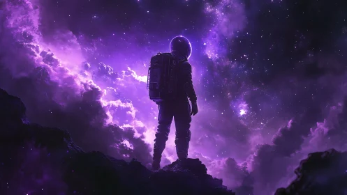 Solitary astronaut silhouetted in luminous violet nebula.