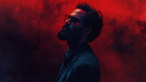 Crimson smoke crowns a lone silhouette in neon shadow