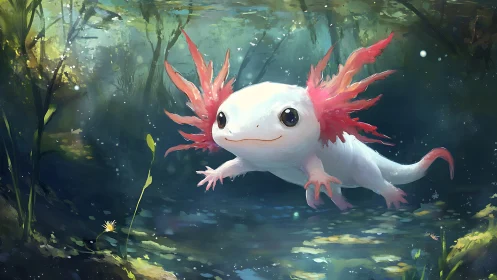 Bioluminescent axolotl drifting through refracted pond light.