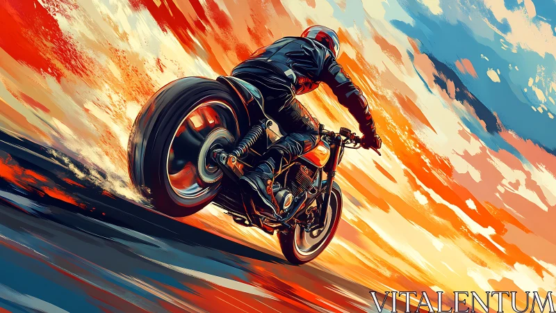 Motorcycle rider explodes through blazing abstract sunset sky.