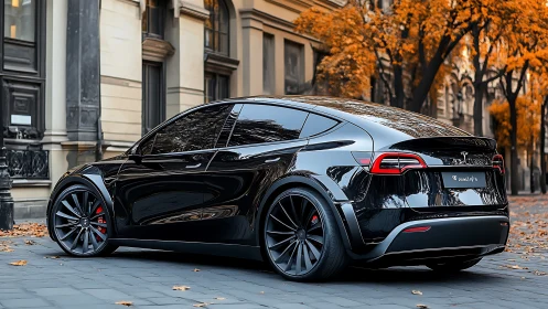 Glossy black EV coupe parked on elegant autumn street.
