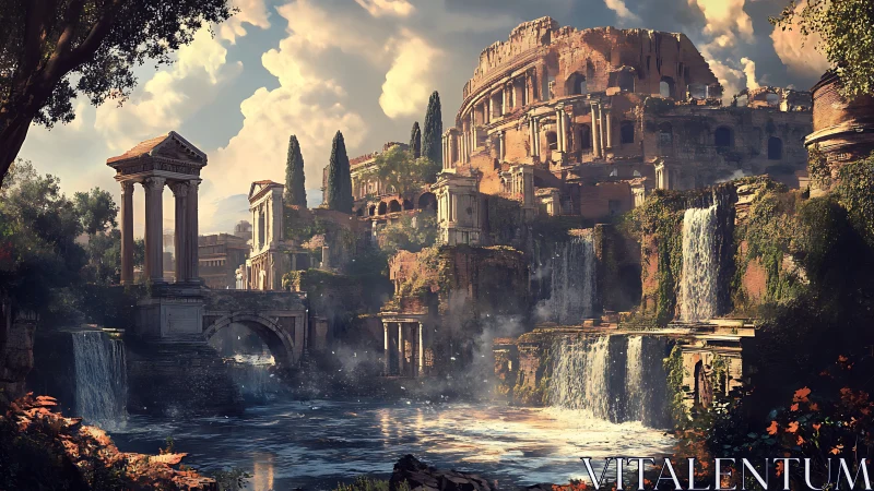 Ancient Roman ruins with waterfalls in overgrown landscape.