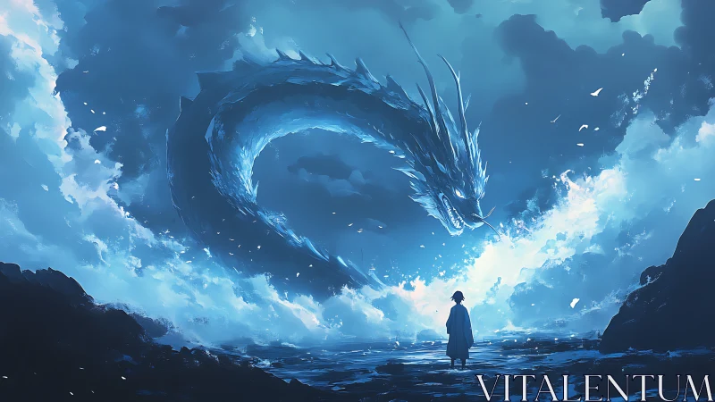 Storm-lit sky dragon coils above a lone wanderer’s path