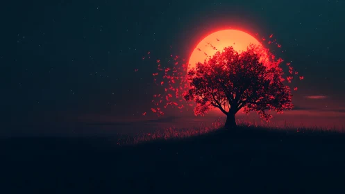 Red moon behind lone tree with glowing falling leaves.