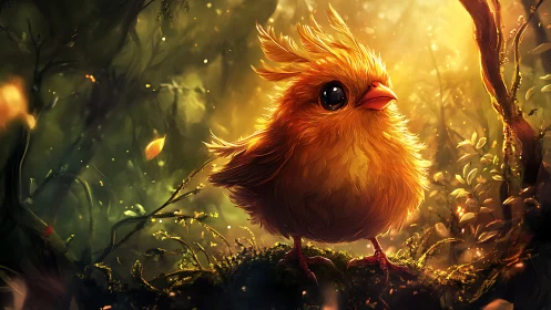 Sunlit fluffball bird exploring a glowing forest clearing.