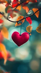 Crimson Heart Suspended Among Autumn Leaves.