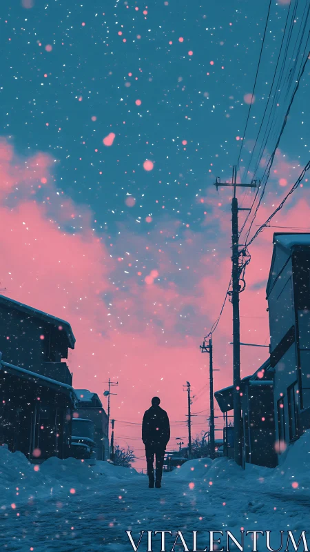 Solitary figure beneath neon snow at twilight in silence.