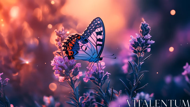 Bioluminescent butterfly on lavender in neon dusk bokeh.