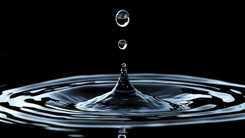 Water droplet impact forming ripples on dark surface.