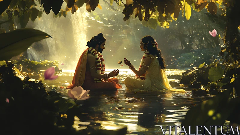 Divine lovers seated in lotus pond beneath golden canopy.