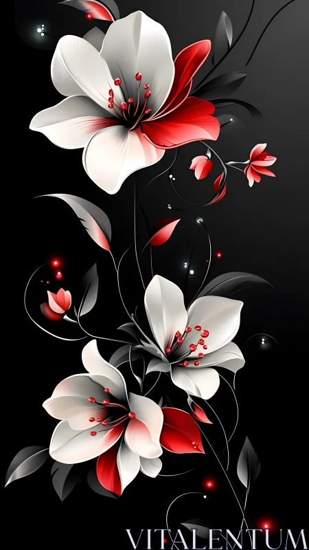 Red and White Flowers Dance Against Black.