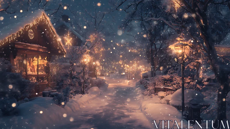 Snowlit cottage lane humming under golden winter hush.