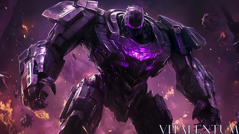 Cybernetic colossus with violet core in war-torn nebula field.