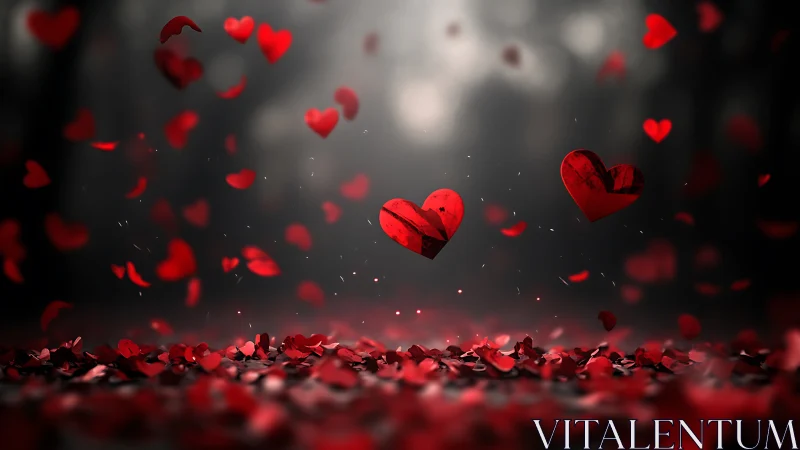 Floating Red Hearts Fall Through Misty Atmospheric Darkness