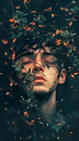 Male portrait entwined with autumn foliage in moody digital painting