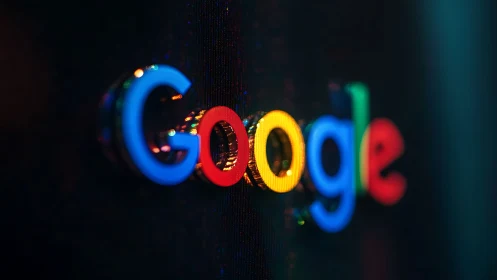 Google wordmark in multicolor light on dark background.