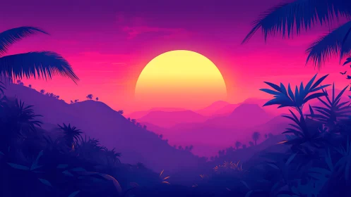 Neon tropic sunset bathes misty jungle hills in color.