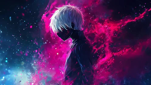 Solitary masked anime figure stands in neon cosmic haze