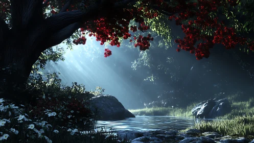 Volumetric sunbeams over forest pool beneath red blossom canopy