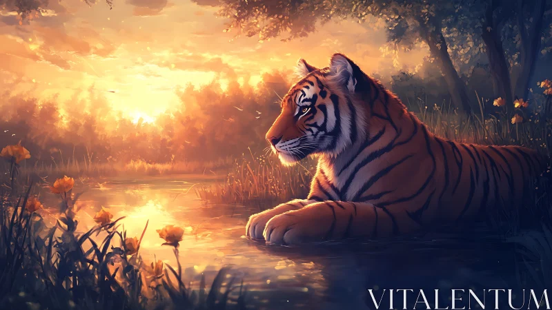 Sunset-soaked tiger dreaming by a golden forest pond.