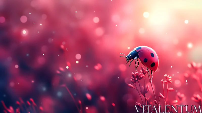 Digital painting of ladybug on floral bokeh field at sunrise.