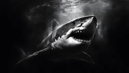 Monochrome great white shark portrait in cinematic abyss.