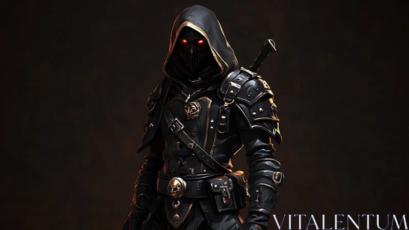 Hooded shadow rogue with ember eyes and midnight armor.