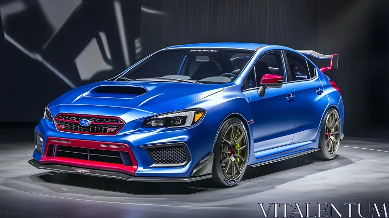 Blue performance sedan with aerodynamic kit on display stage.