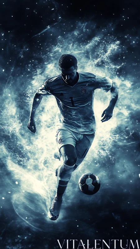 Cosmic soccer striker charges through swirling stardust field.