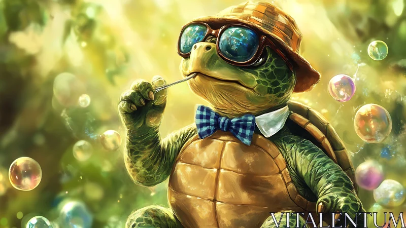 Stylish turtle blows shimmering bubbles in golden sunlight