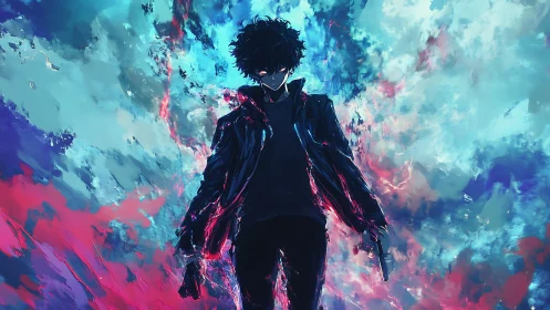 Silhouetted figure in jacket amid abstract neon background.