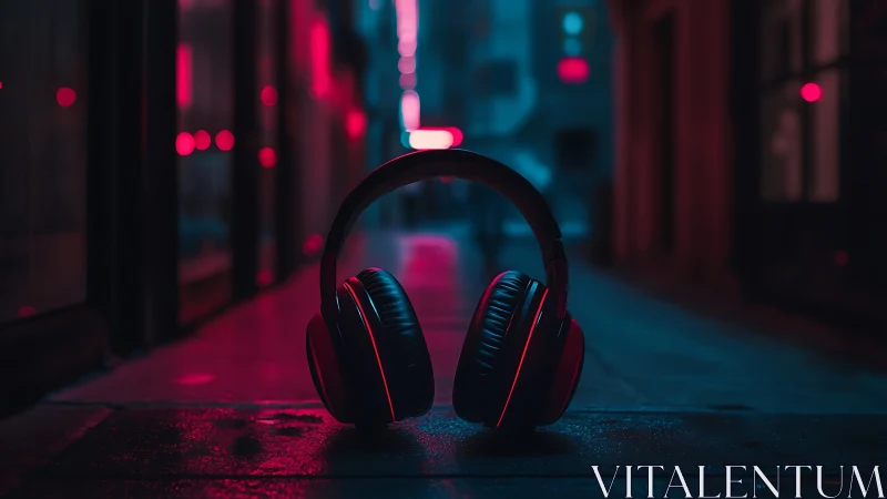 Headphones glow softly in neon drenched night alleyway scene