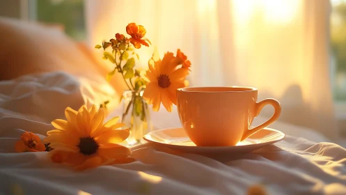 Photorealistic sunrise tea vignette with floral still life.