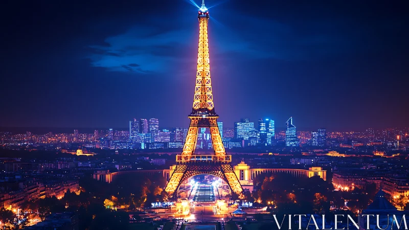 Illuminated Eiffel Tower dominates a neon-infused Paris skyline