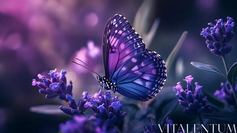 Vibrant purple butterfly resting on lavender blooms at dusk.