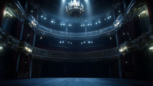 Chandelier‑lit proscenium theater interior under axial spotlight.