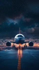 Narrow‑body jetliner on wet taxiway under star‑filled night sky