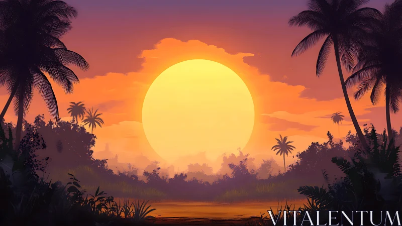 Sun dominates tropical horizon above dense silhouetted palms