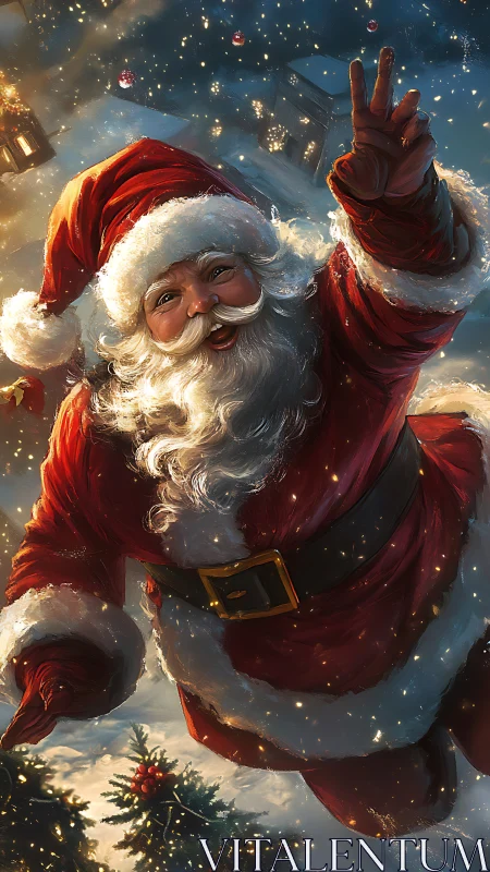 Santa in dynamic midair gesture over snowy village scene.