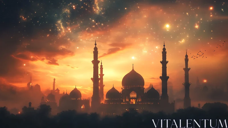 Mystic desert palace glows beneath star‑filled dusk sky