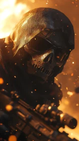 Armored skull-masked soldier in flames with rifle detail.