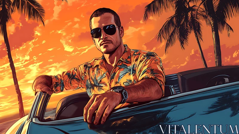 Sunset driver in tropical shirt framed by neon skies.