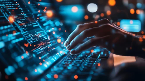 Coder’s hands glide across neon-lit keyboard in cyberspace.