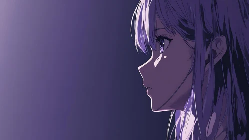 Violet haired anime girl gazes into a calm twilight void