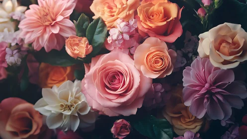Lush Floral Arrangement With Roses, Dahlias, and Ranunculus.