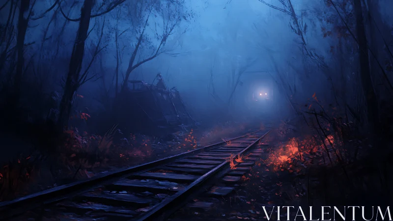 Moody forest railway glows with distant train lights ahead