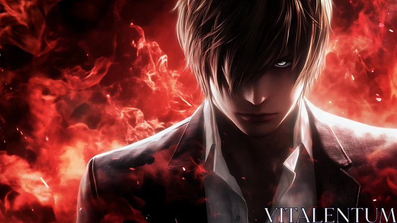 Brooding antihero in blazing red inferno backdrop.