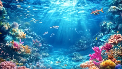 Colorful coral reef with fish under clear tropical water.