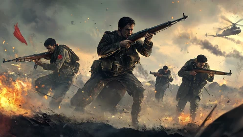 Four embattled soldiers carve a blazing path through chaos