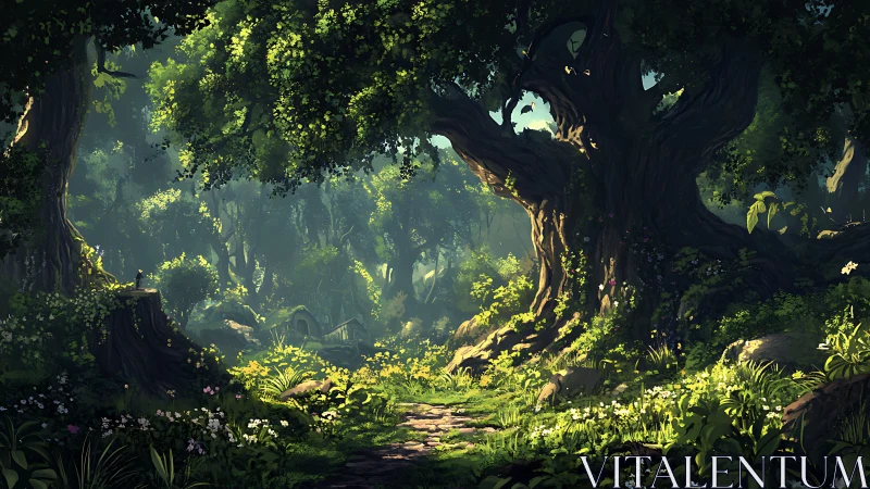 Ancient Forest Interior with Canopy Illumination and Dense Vegetation.